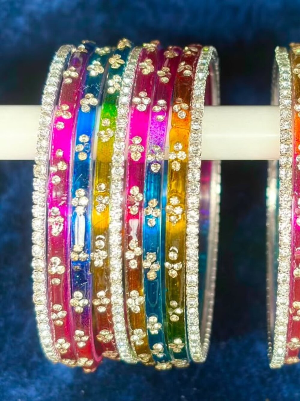 Colorful Crystal Rhinestone Bangle Pair, Stackable Multi-Tone Gemstone Bracelet